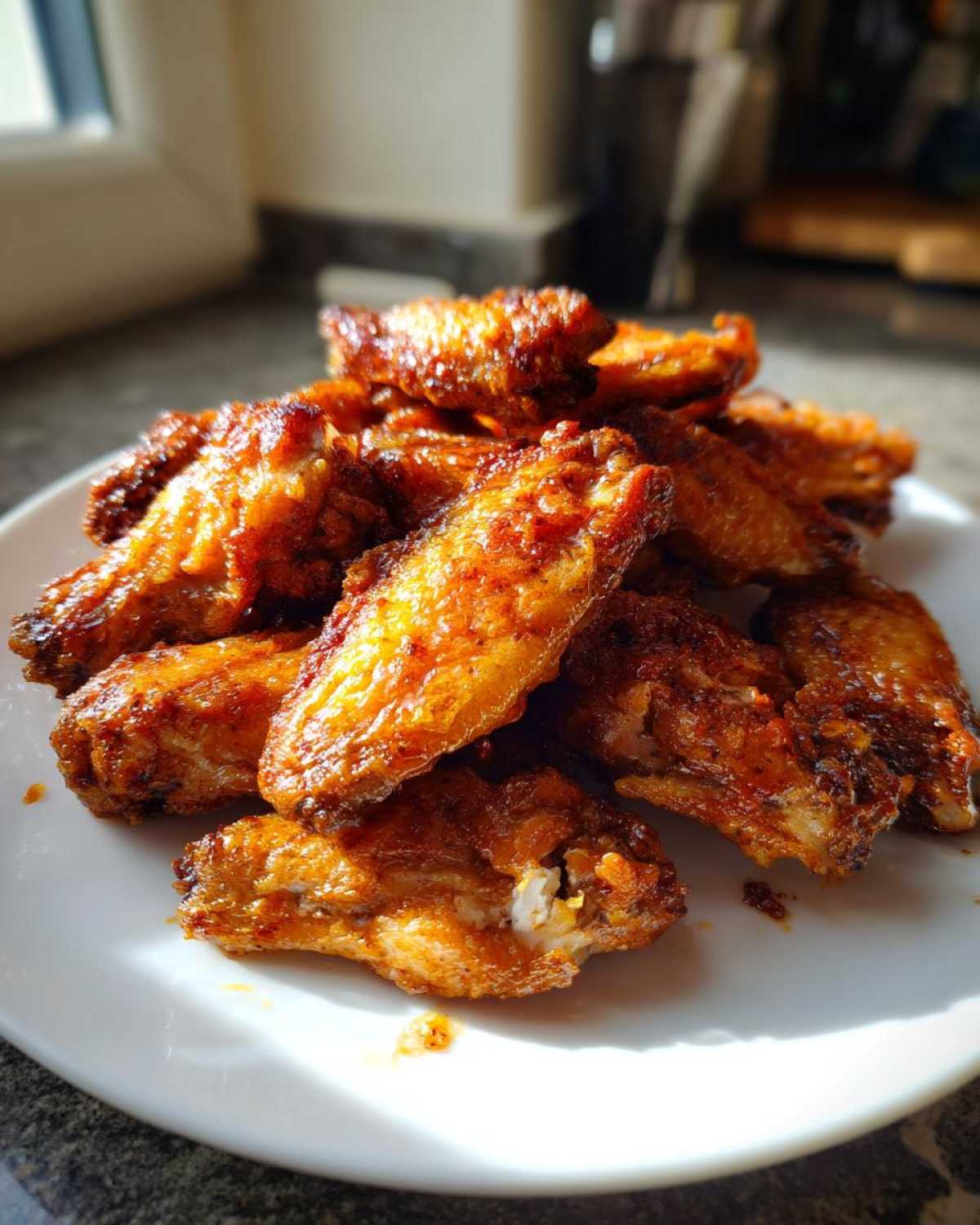 A pile of perfectly crispy, golden-brown chicken wings glistening under natural light on a white plate.