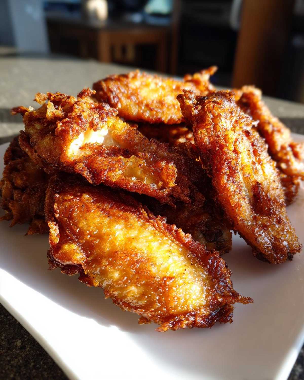 A close-up of golden brown, crispy air fryer chicken wings piled high on a white plate, catching the sunlight.