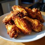 A close-up of a pile of golden brown, crispy air fryer chicken wings served on a white plate.