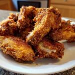 A pile of golden brown, crispy air fryer chicken wings served on a white plate.