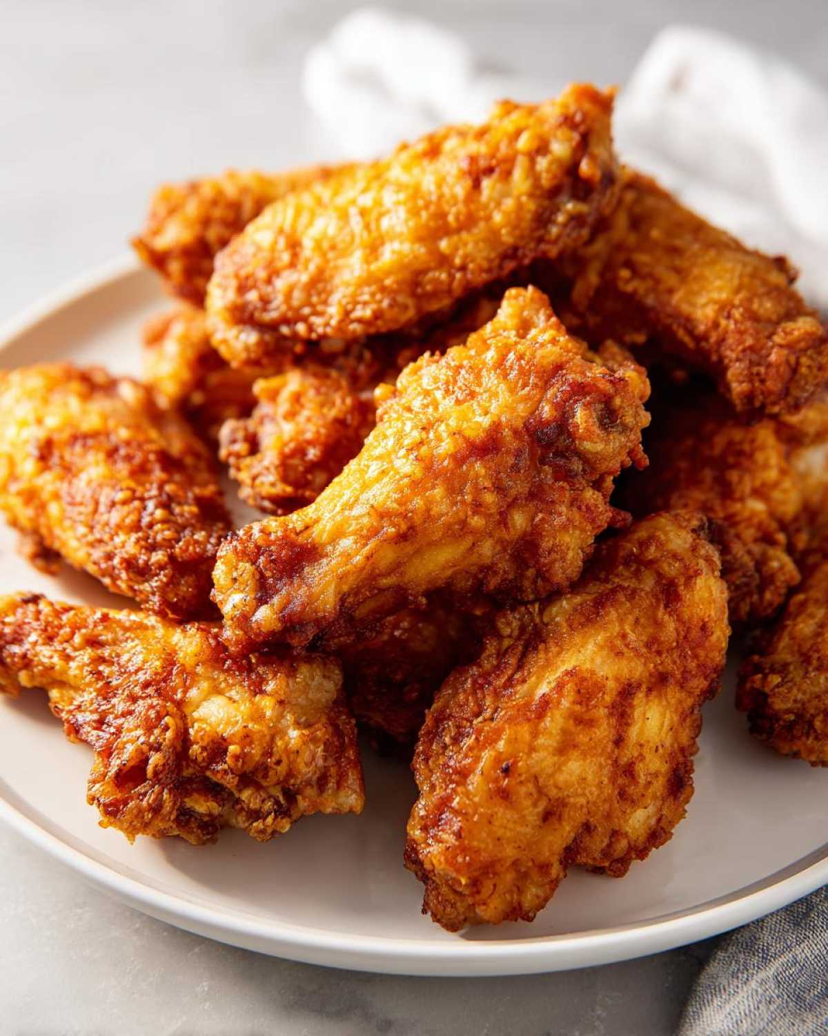 A close-up of a pile of golden brown, crispy air fryer chicken wings stacked on a white plate.