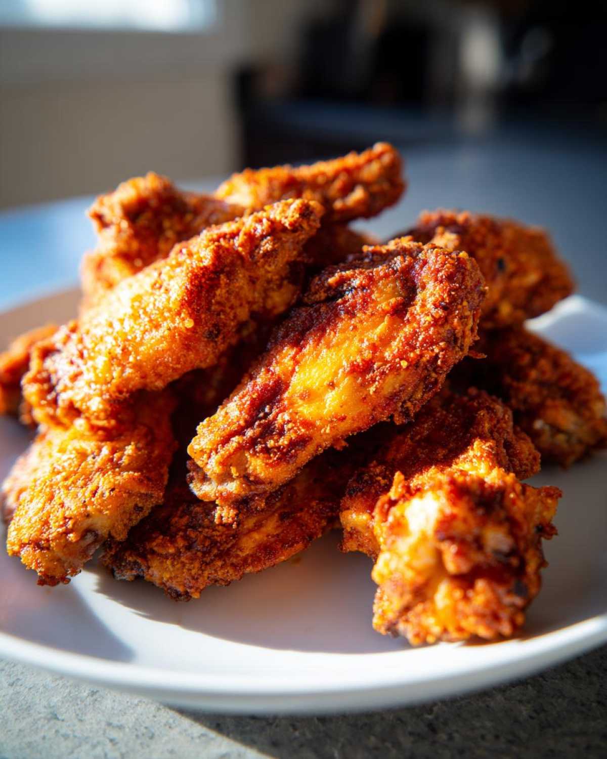 A pile of golden brown, crispy air fryer chicken wings stacked on a white plate, catching bright sunlight.