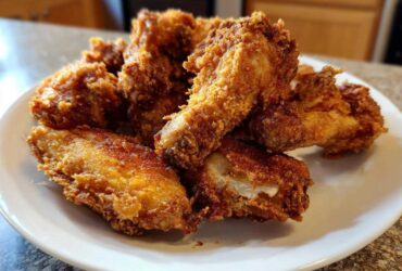 A pile of golden brown, crispy air fryer chicken wings served on a white plate.