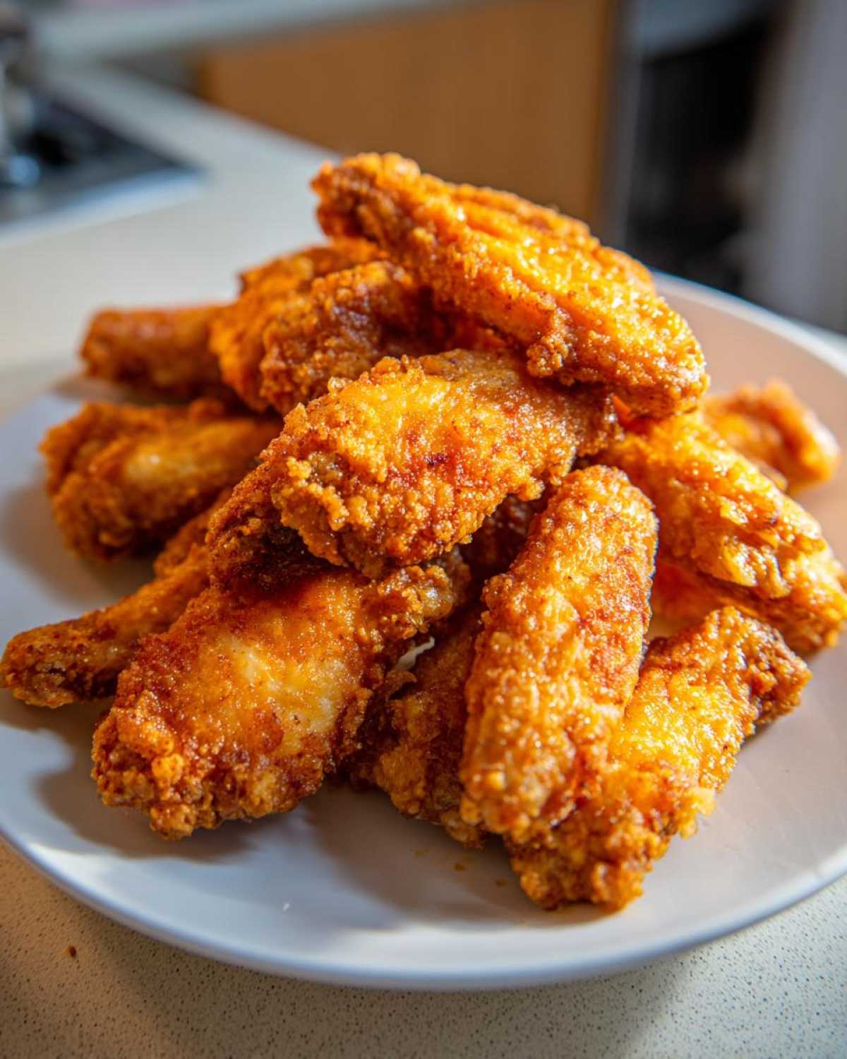 A close-up of a pile of golden brown, crispy air fryer chicken wings stacked on a white plate.