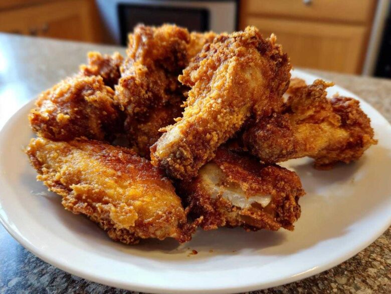 A pile of golden brown, crispy air fryer chicken wings served on a white plate.