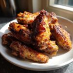 A close-up of several golden brown, glazed, crispy baked chicken wings piled on a white plate.