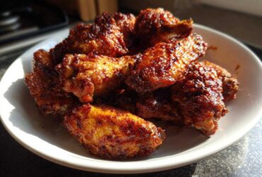A close-up of several golden brown, saucy crispy baked chicken wings piled high on a white dish.