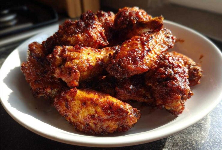 A close-up of several golden brown, saucy crispy baked chicken wings piled high on a white dish.