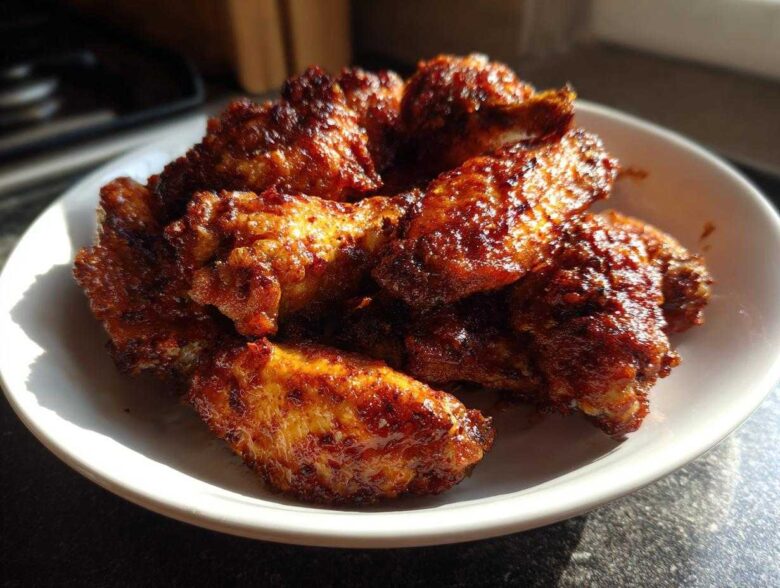 A close-up of several golden brown, saucy crispy baked chicken wings piled high on a white dish.
