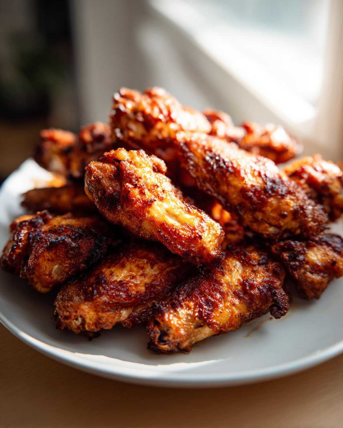 Close-up of a pile of golden brown, crispy baked chicken wings glistening under natural light.