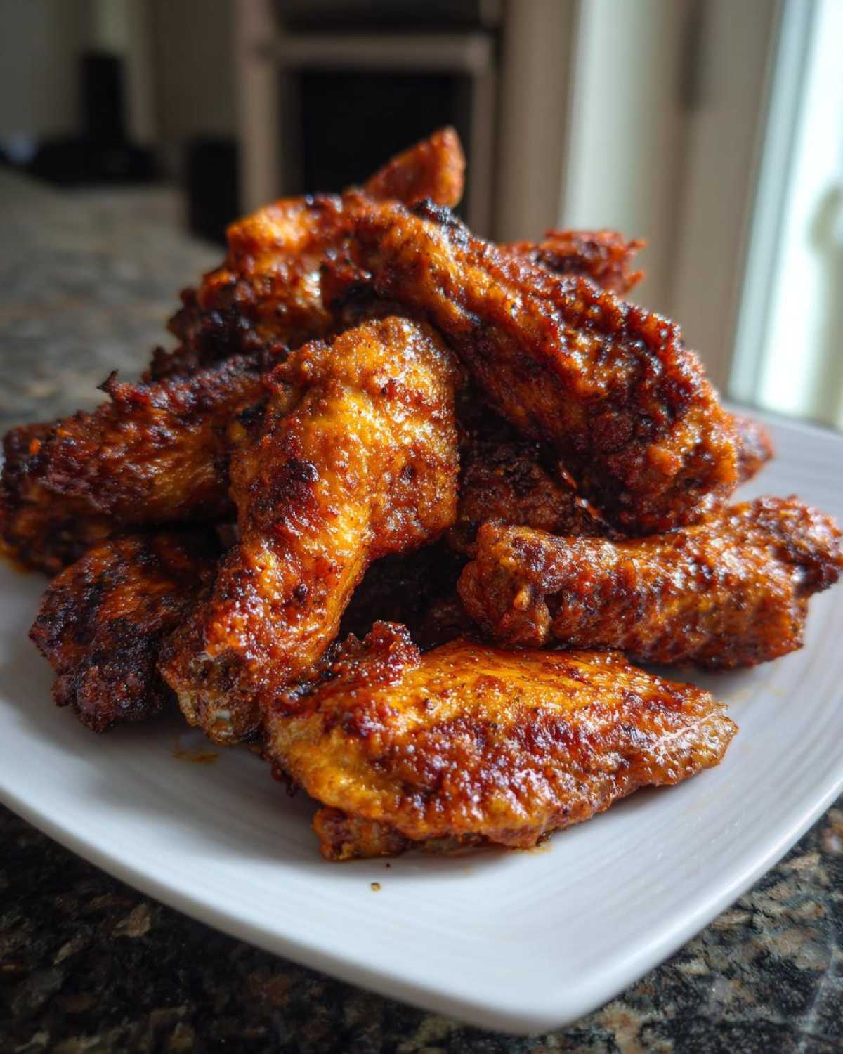 Close-up of a mound of perfectly cooked, crispy baked chicken wings with a rich, dark glaze on a white plate.