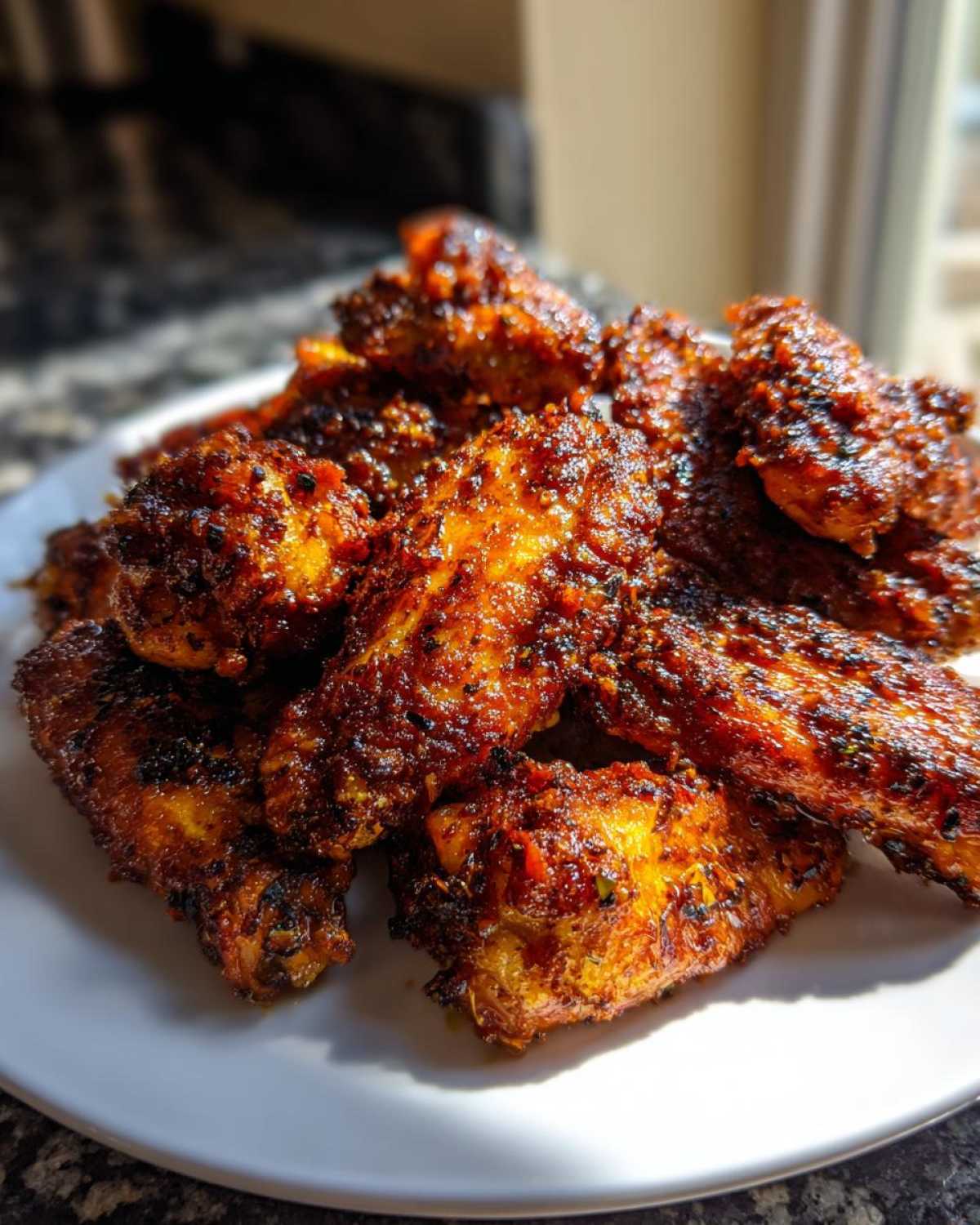 A close-up shot of a pile of perfectly seasoned and crispy baked chicken wings on a white plate.