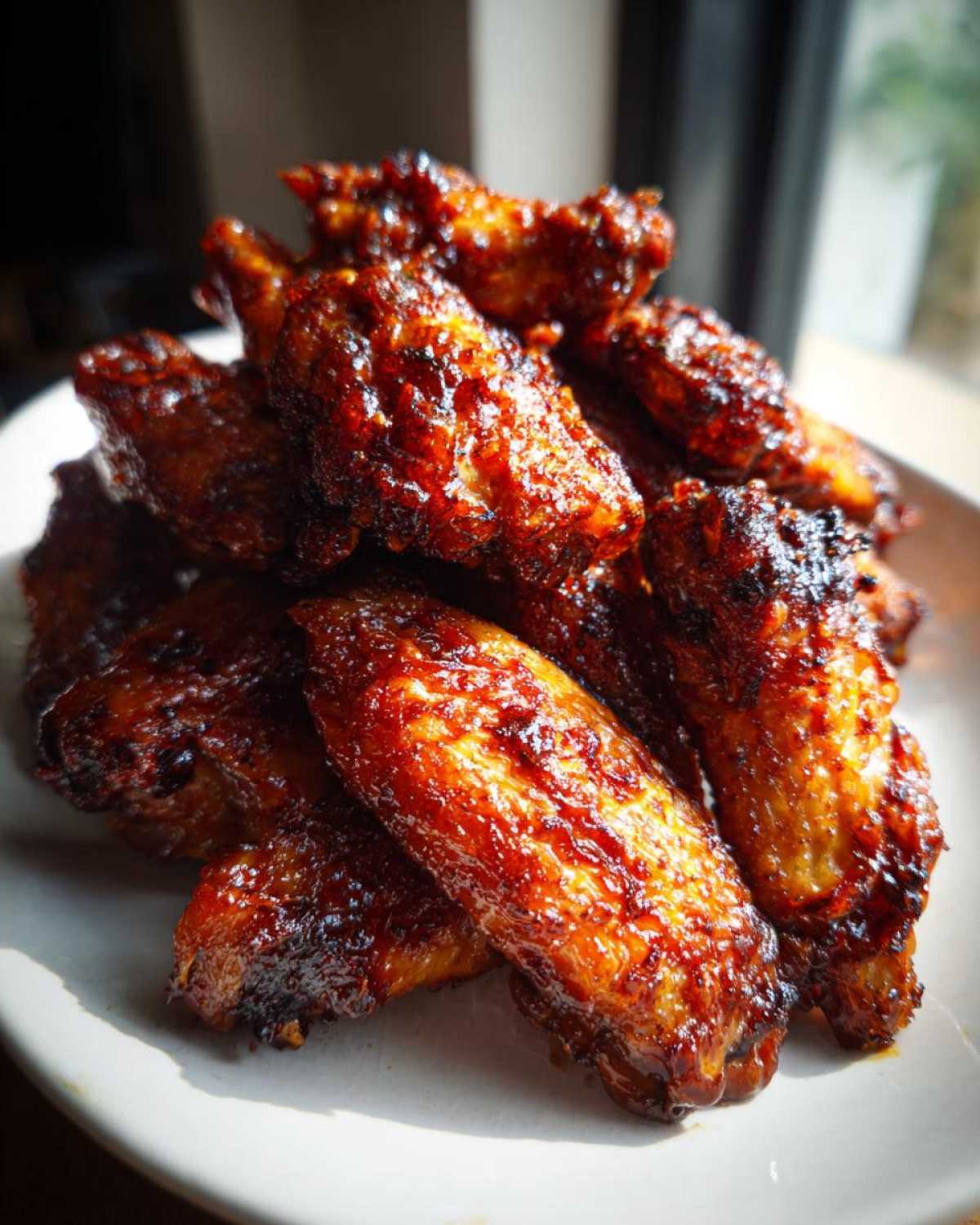 A close-up of a pile of intensely glazed and crispy baked chicken wings on a white plate.