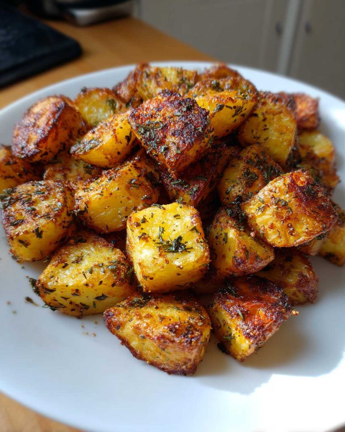 A white plate piled high with perfectly roasted, golden-brown breakfast potatoes seasoned with herbs.