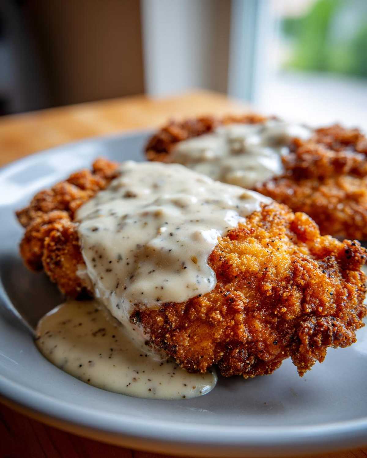 Close-up of two pieces of crispy, golden-brown chicken fried steak smothered in creamy black pepper gravy.