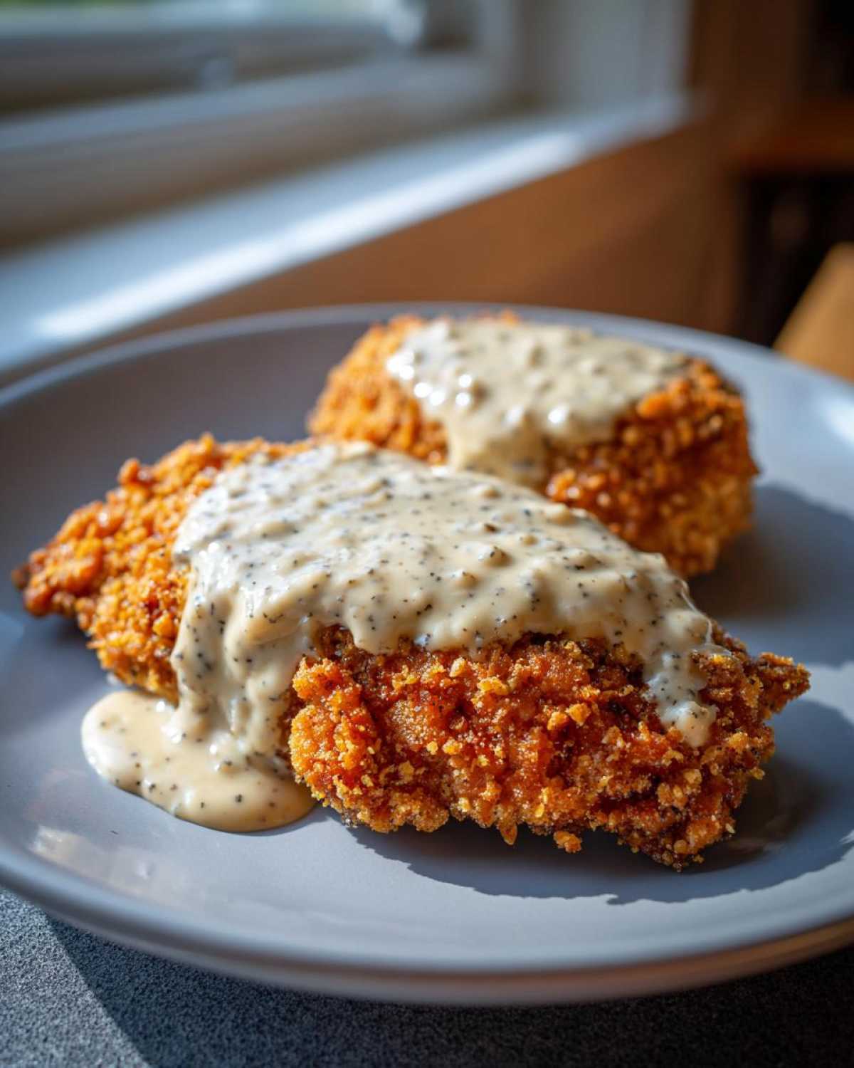 Two pieces of golden, crispy chicken fried steak smothered in creamy, speckled black pepper gravy on a gray plate.