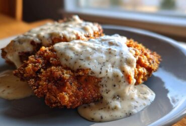Close-up of two pieces of crispy chicken fried steak smothered in thick, creamy white pepper gravy.