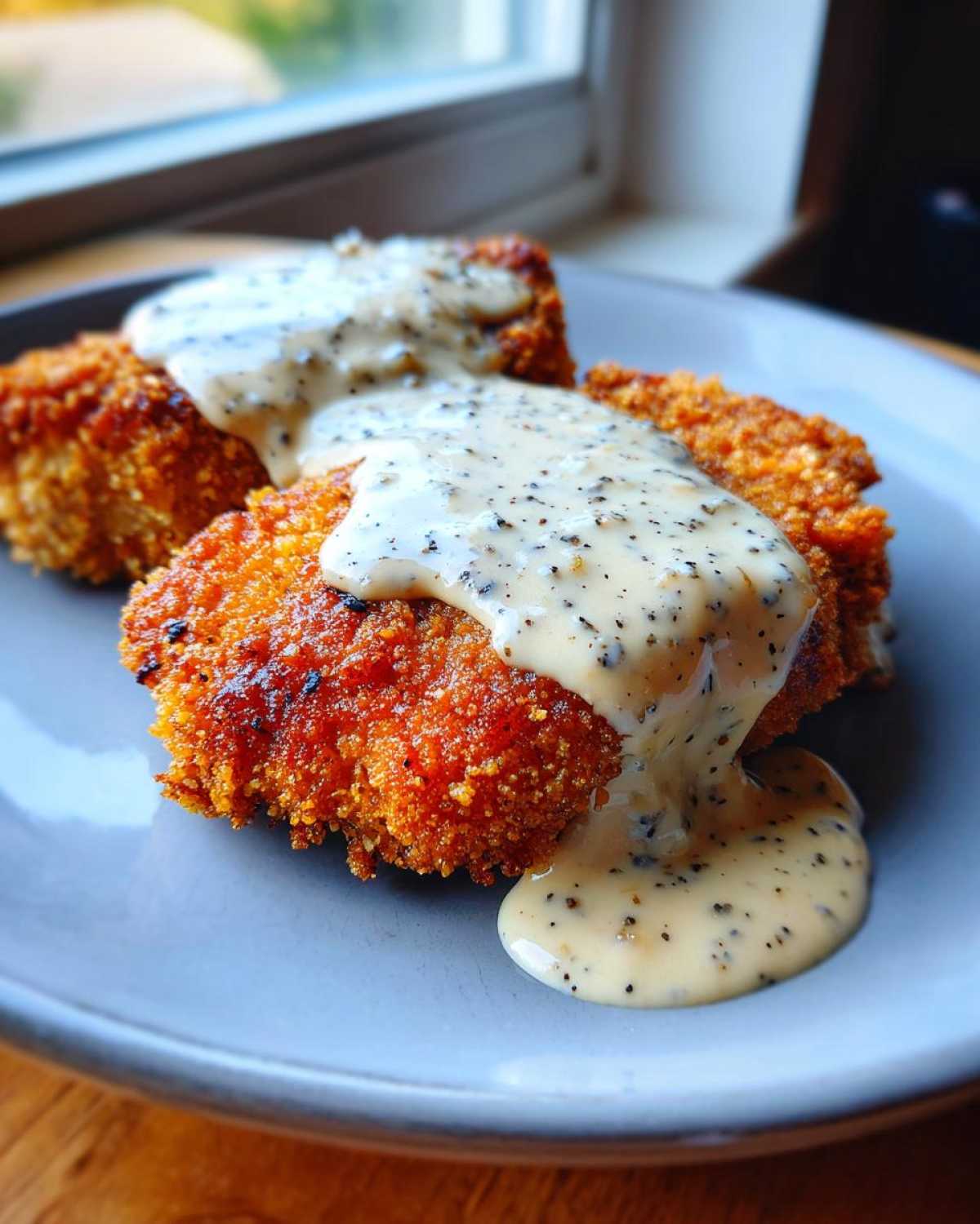 Close-up of crispy, golden brown chicken fried steak pieces smothered in creamy, black pepper gravy.