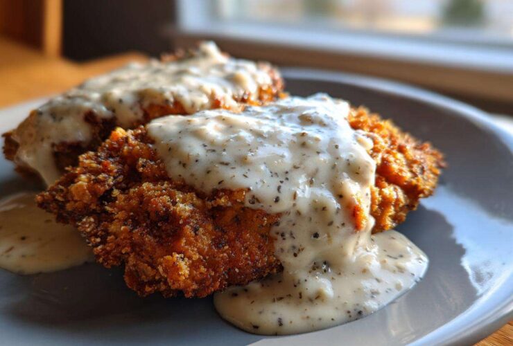 Close-up of two pieces of crispy chicken fried steak smothered in thick, creamy white pepper gravy.