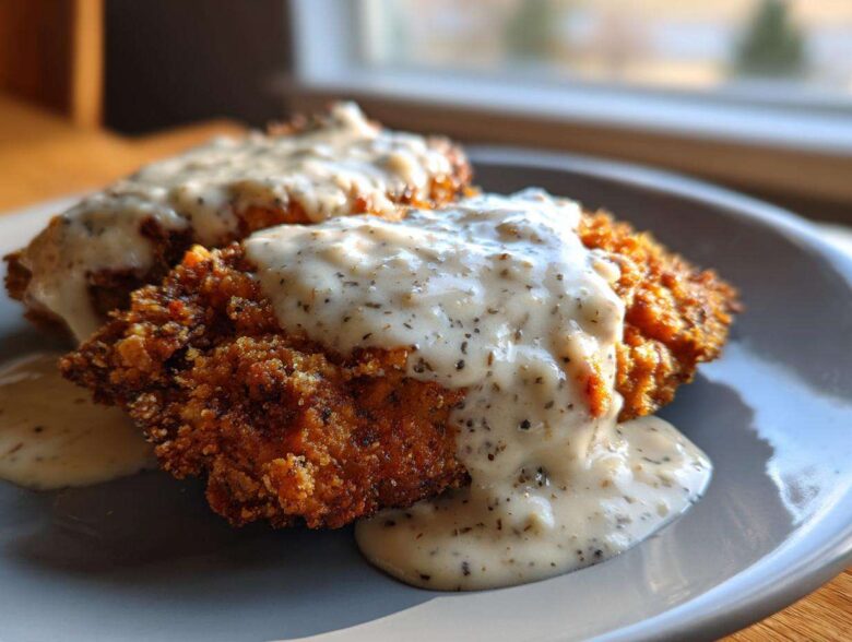 Close-up of two pieces of crispy chicken fried steak smothered in thick, creamy white pepper gravy.