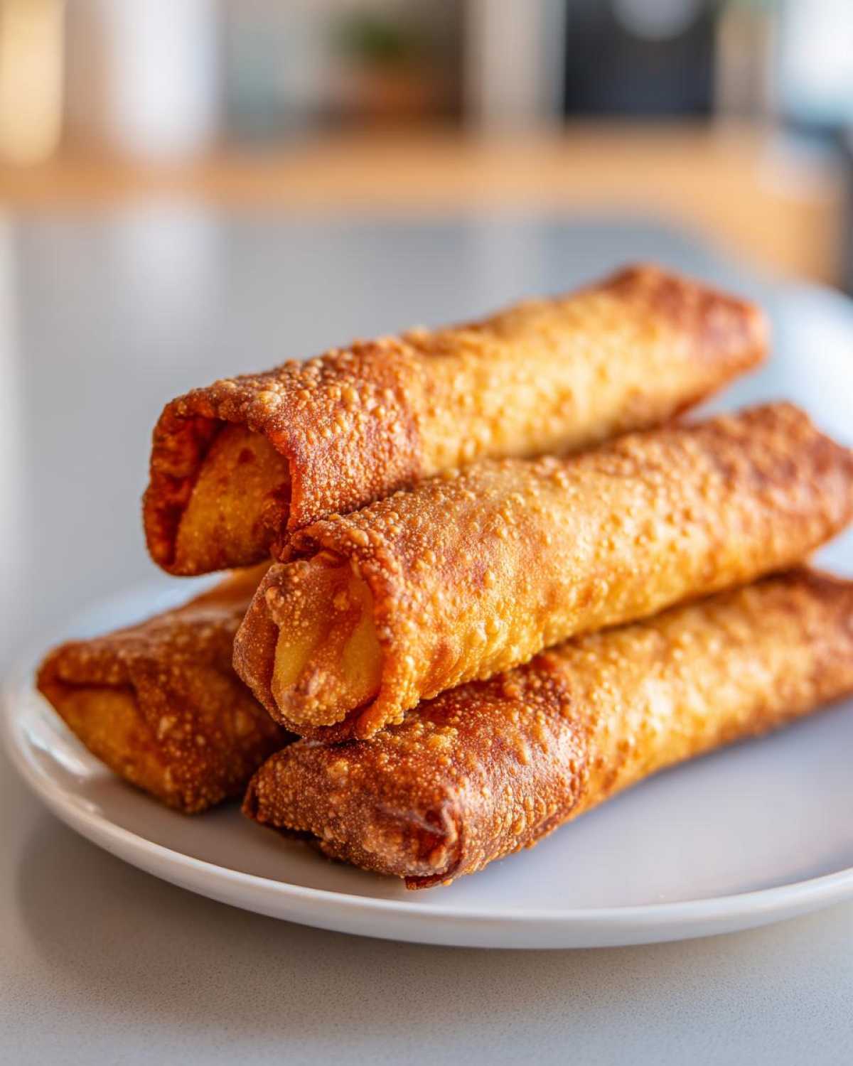 A stack of four perfectly golden brown, crispy fried egg roll appetizers resting on a white plate.