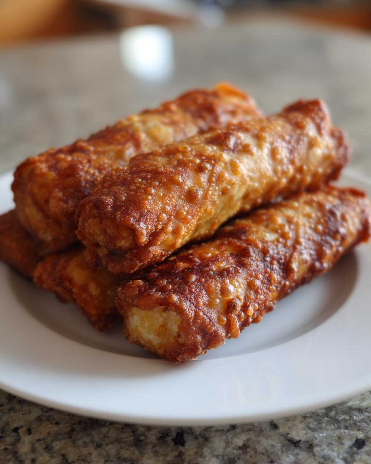 A stack of four perfectly cooked, golden brown, crispy egg roll appetizers resting on a white plate.