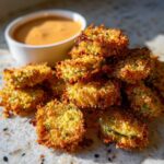 A pile of golden brown, crispy Fried Pickles served next to a small bowl of creamy dipping sauce.