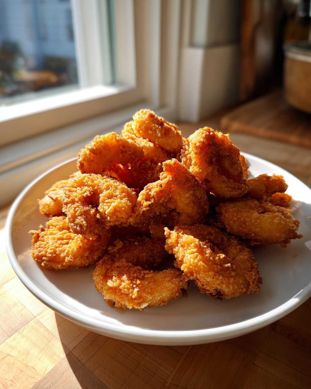 A mound of golden brown, crispy fried shrimp piled high on a white plate, illuminated by sunlight.