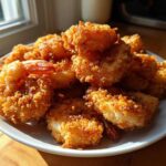 A pile of golden brown, crispy fried shrimp served on a white plate, catching bright sunlight.