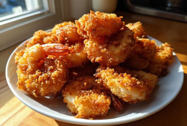 A pile of golden brown, crispy fried shrimp served on a white plate, catching bright sunlight.