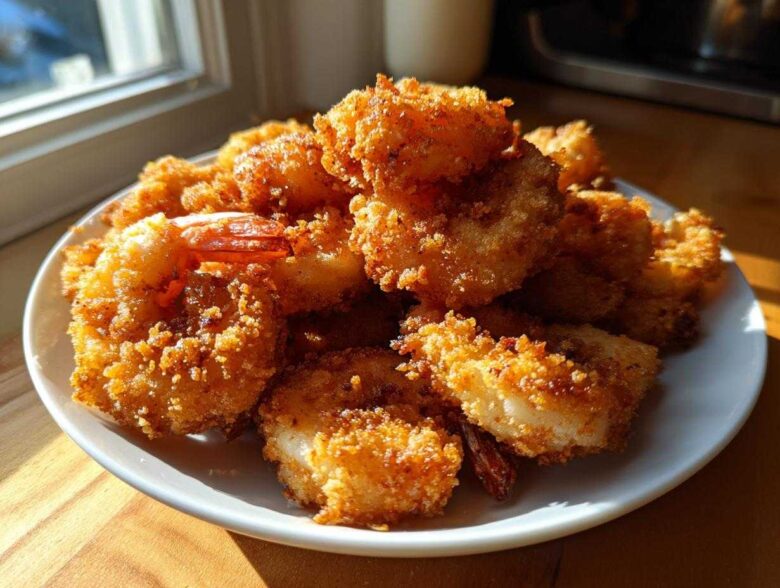 A pile of golden brown, crispy fried shrimp served on a white plate, catching bright sunlight.