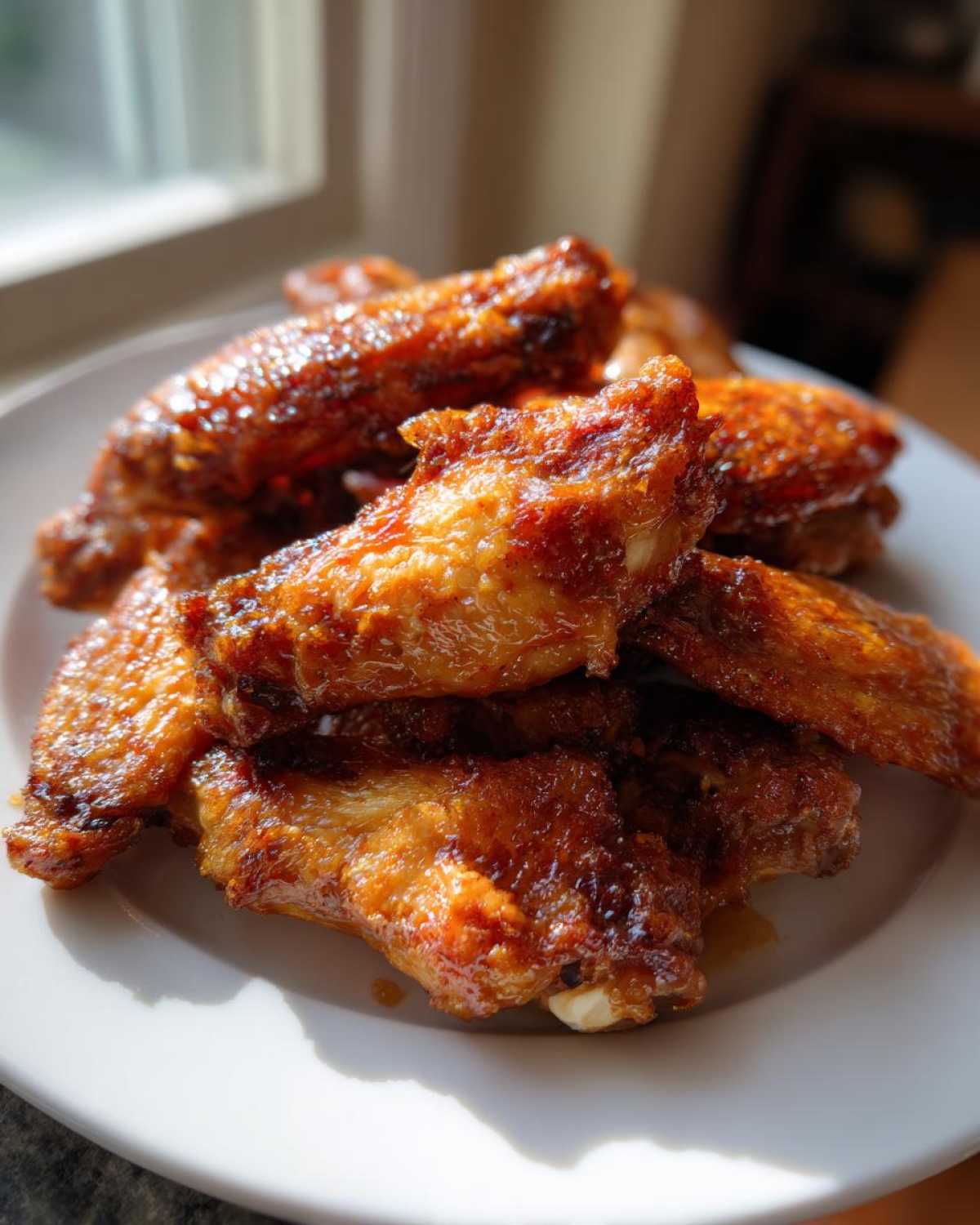 A close-up of perfectly cooked, glossy, crispy chicken wings piled on a white plate near a window.