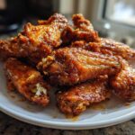 A close-up of several perfectly crispy and glazed chicken wings piled high on a white plate.
