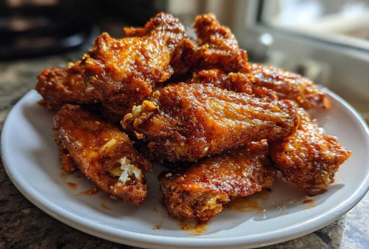 A close-up of several perfectly crispy and glazed chicken wings piled high on a white plate.