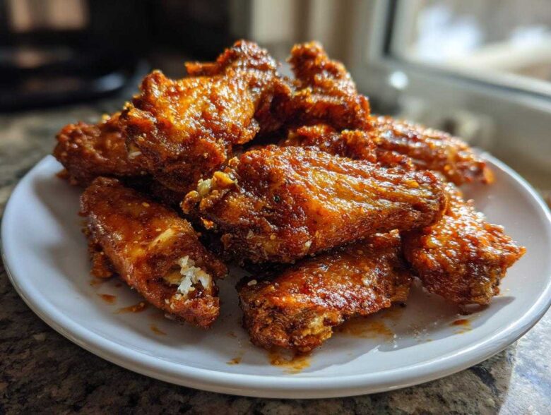 A close-up of several perfectly crispy and glazed chicken wings piled high on a white plate.