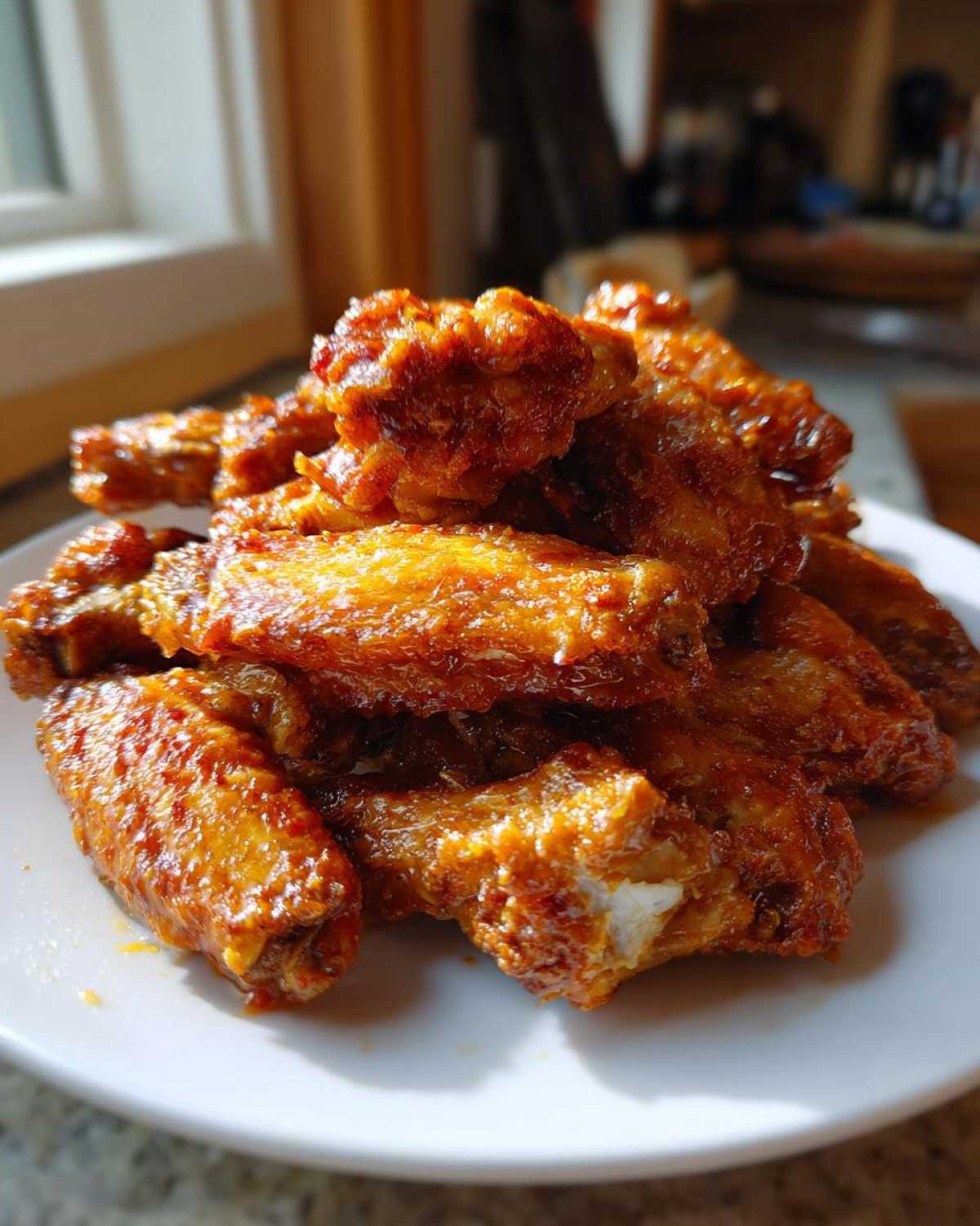 Close-up of a mound of amazingly crispy, glazed chicken wings on a white plate.