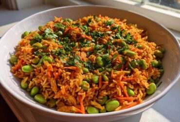 A vibrant bowl of orange-tinted crispy rice salad mixed with shredded carrots and bright green edamame, topped with fresh cilantro.