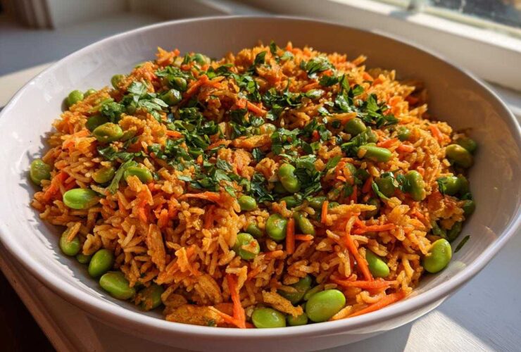 A vibrant bowl of orange-tinted crispy rice salad mixed with shredded carrots and bright green edamame, topped with fresh cilantro.