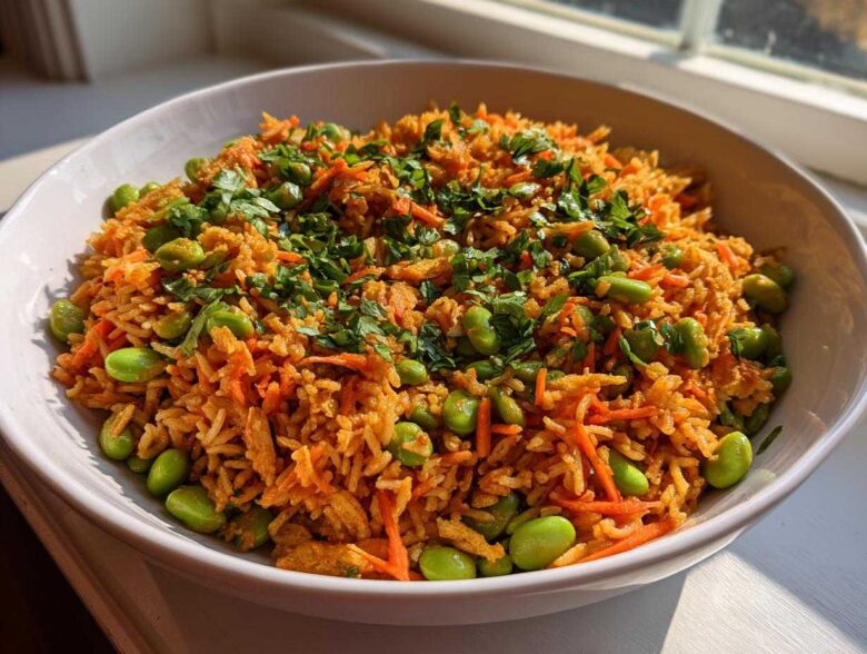 A vibrant bowl of orange-tinted crispy rice salad mixed with shredded carrots and bright green edamame, topped with fresh cilantro.