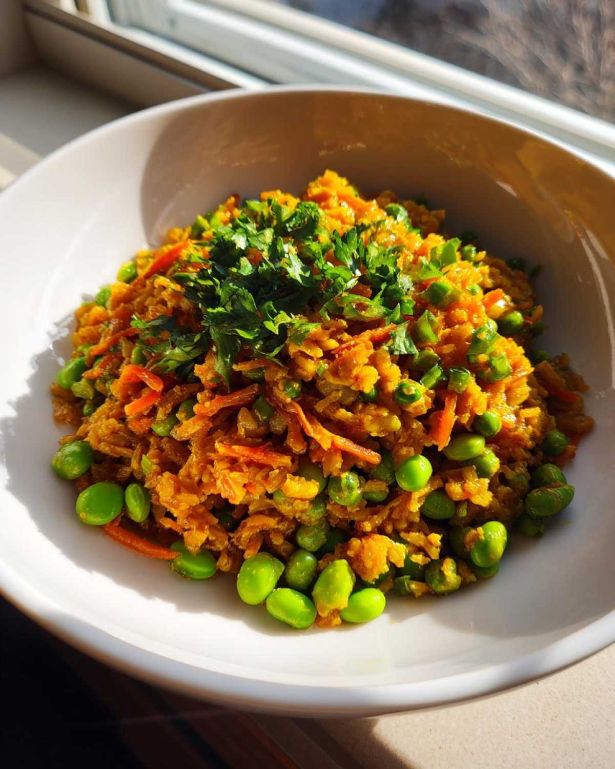 A vibrant bowl of crispy rice salad mixed with bright green edamame and shredded carrots, topped with fresh parsley.