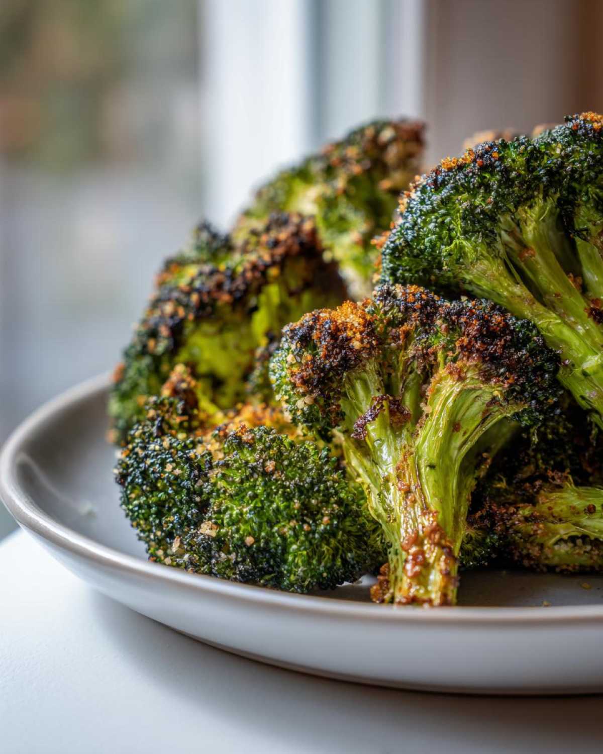 Close-up of perfectly roasted broccoli florets with crispy, browned edges served on a light gray plate.