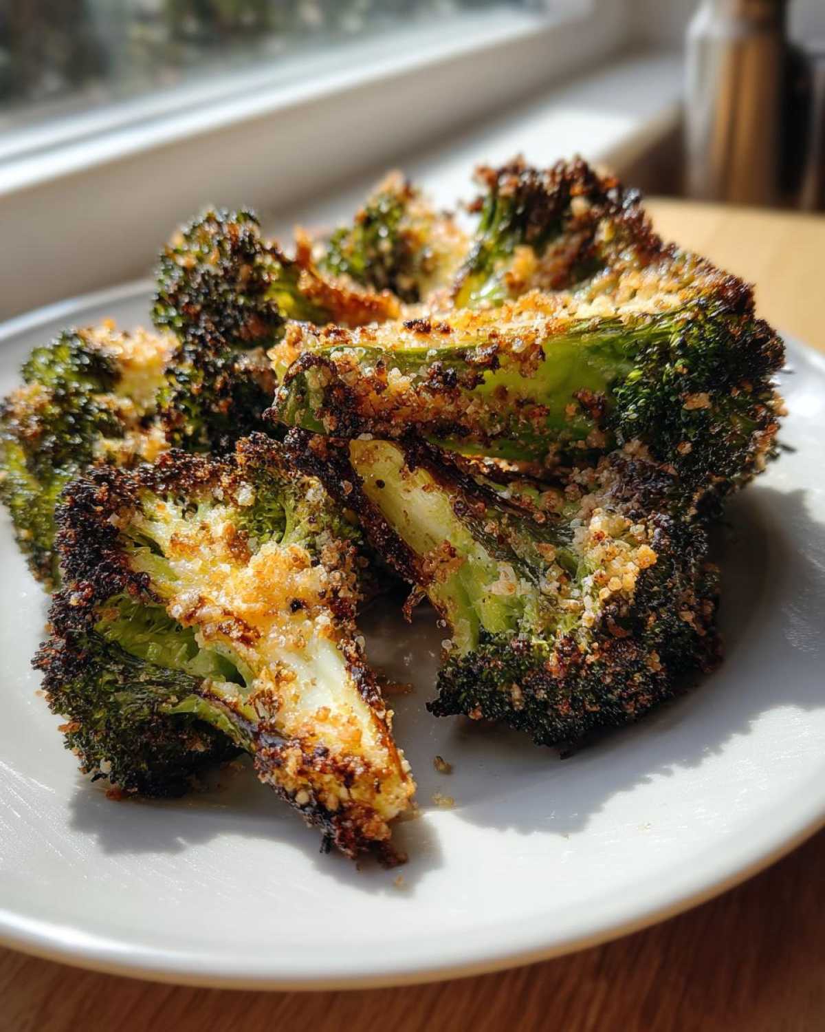 Close-up of crispy, charred roasted broccoli florets topped with breadcrumbs on a white plate.