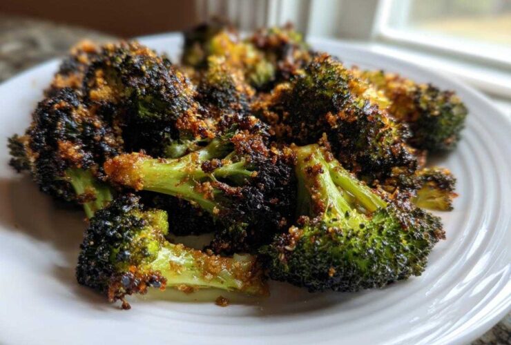 Close-up of perfectly roasted broccoli with crispy, browned edges served on a white plate.