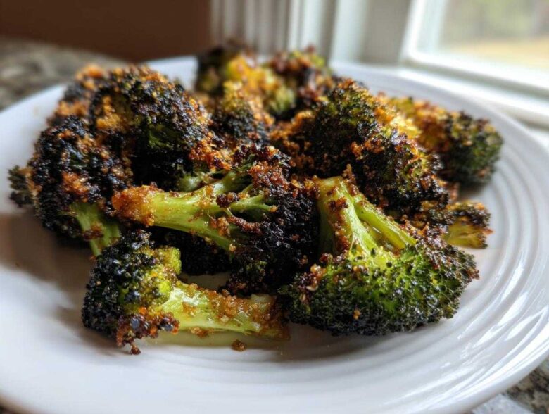 Close-up of perfectly roasted broccoli with crispy, browned edges served on a white plate.
