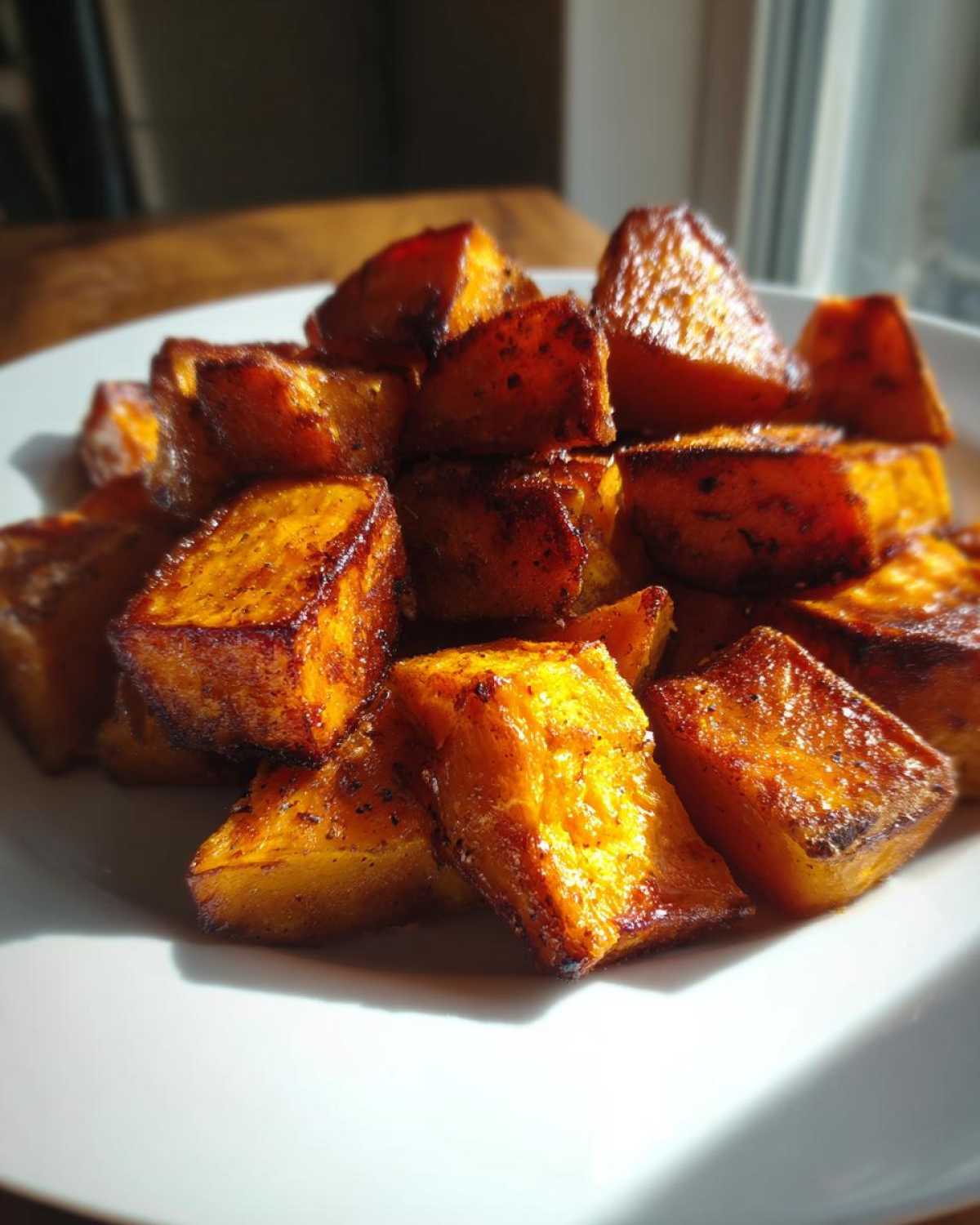 A pile of beautifully caramelized roasted sweet potato chunks served on a white plate.