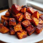 A pile of perfectly caramelized and crispy roasted sweet potato cubes served on a white plate.