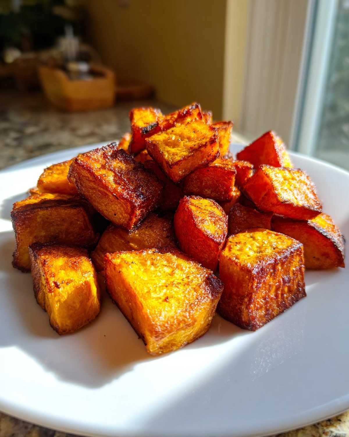 A pile of golden brown, caramelized roasted sweet potato cubes served on a white plate.