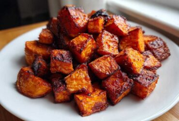 A pile of perfectly caramelized and crispy roasted sweet potato cubes served on a white plate.