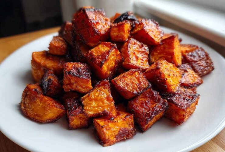 A pile of perfectly caramelized and crispy roasted sweet potato cubes served on a white plate.