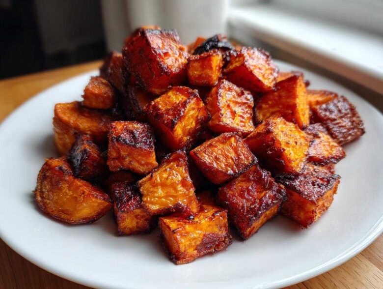 A pile of perfectly caramelized and crispy roasted sweet potato cubes served on a white plate.